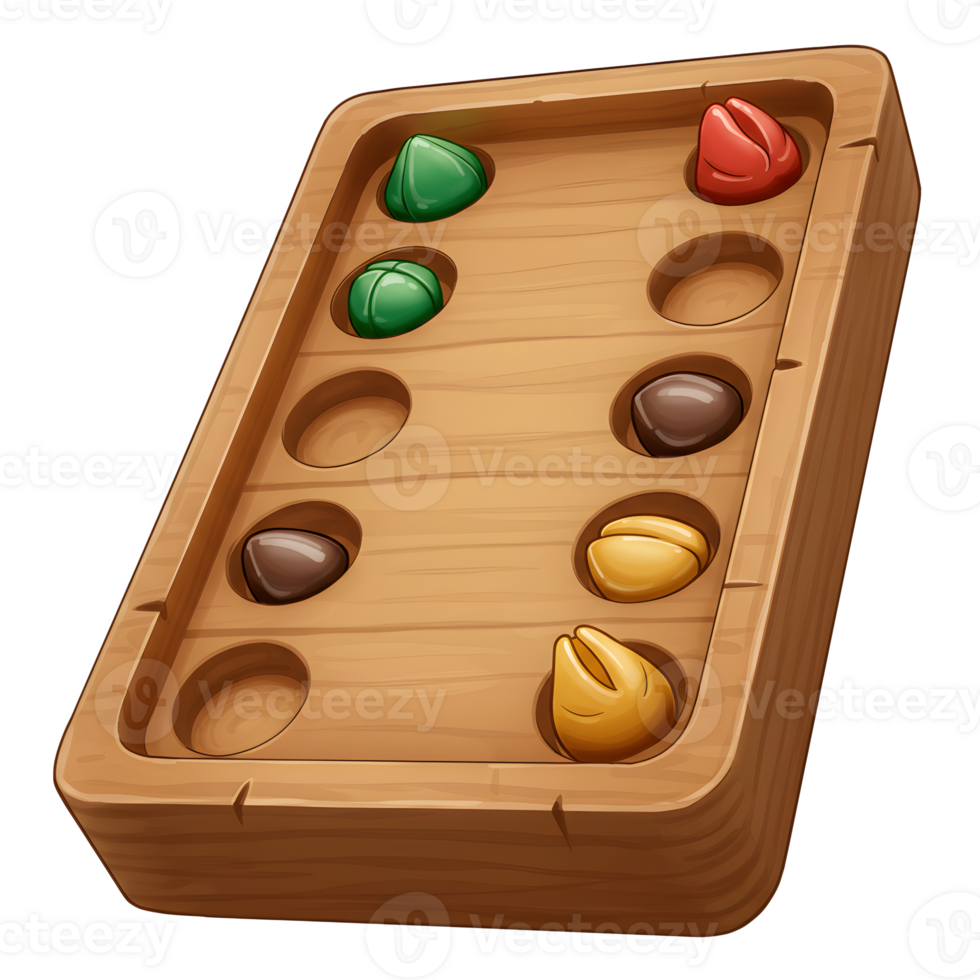 A charming wooden Mancala board game features vibrant colored stones nestled in its carved recesses. The rustic design and playful colors create a warm and inviting atmosphere. png