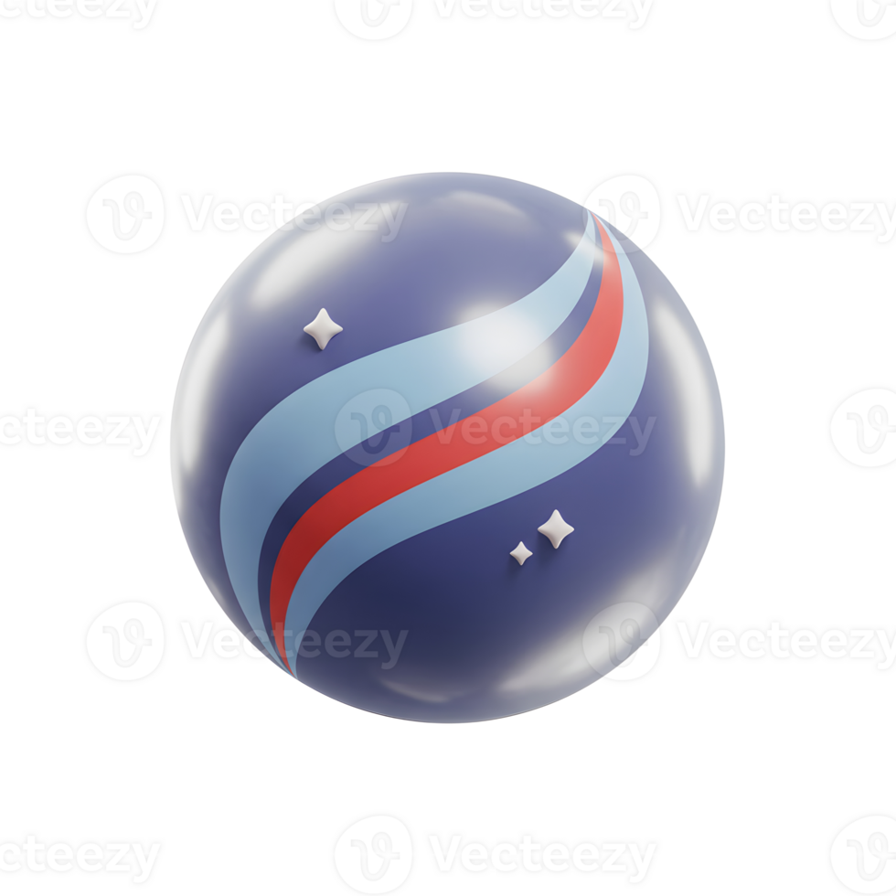 A glossy blue sphere features elegant, flowing stripes in red and light blue. Tiny white stars add a touch of whimsy. Smooth, sleek, and captivating. png