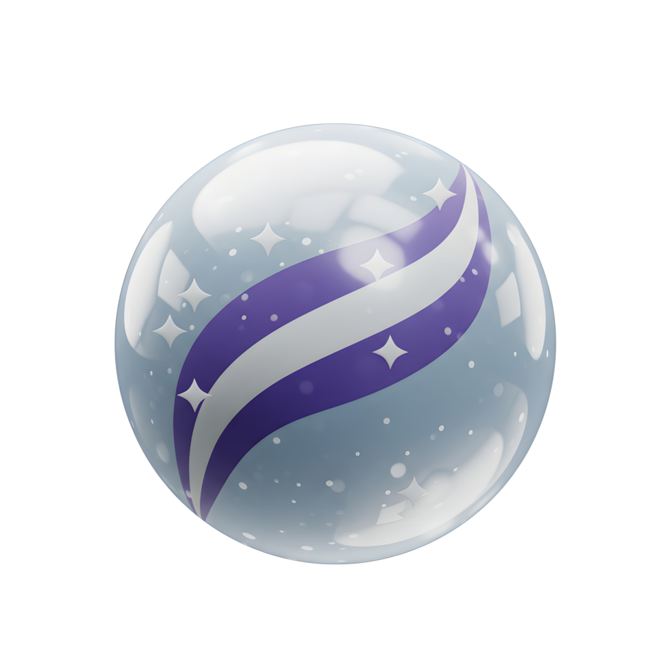A captivating glass marble features elegant, swirling purple and white stripes against a light blue background. Tiny stars add a touch of magic, creating a serene and dreamy atmosphere. png