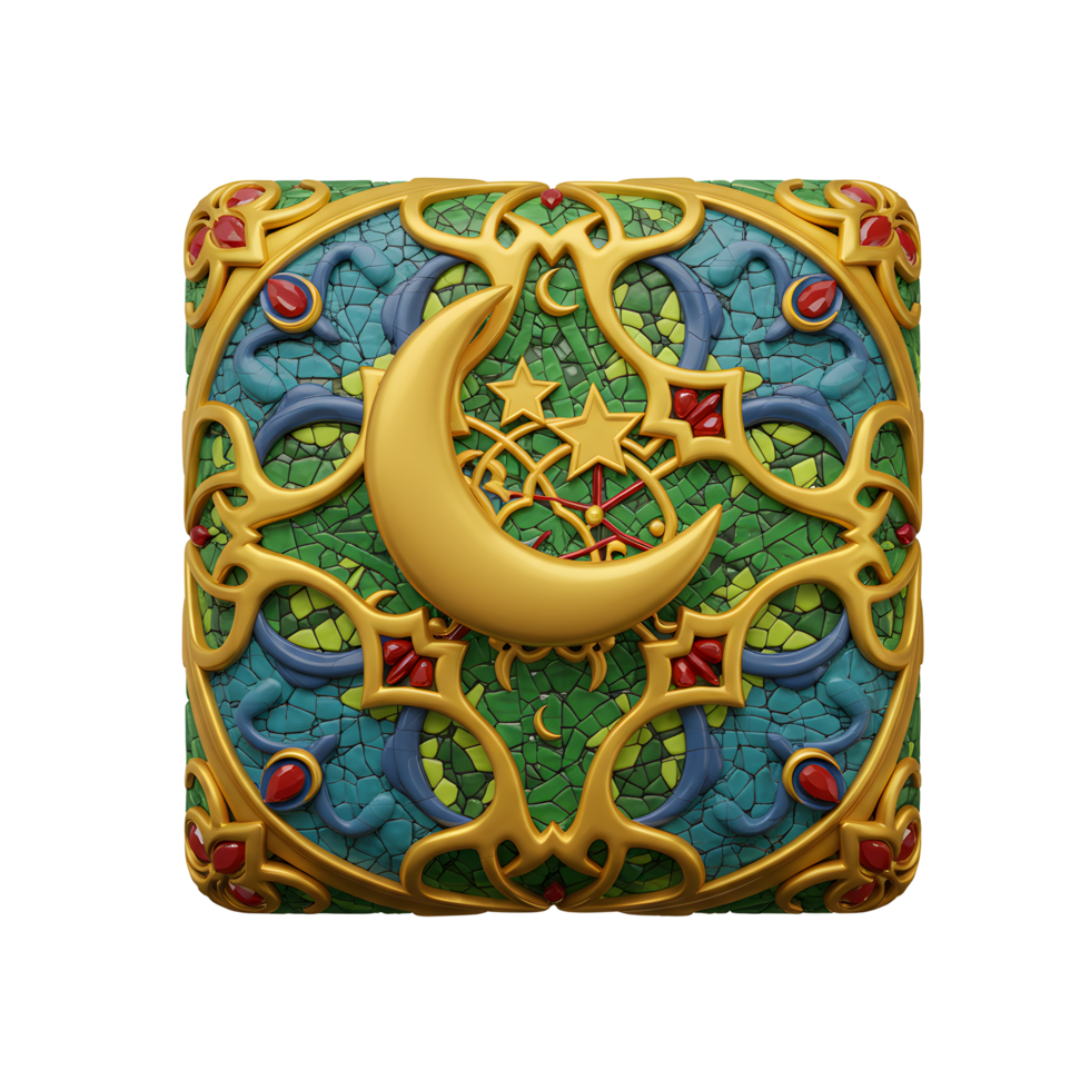 A captivating square tile features a golden crescent moon and stars, set against a vibrant mosaic of turquoise and green. Intricate gold detailing adds opulence. png