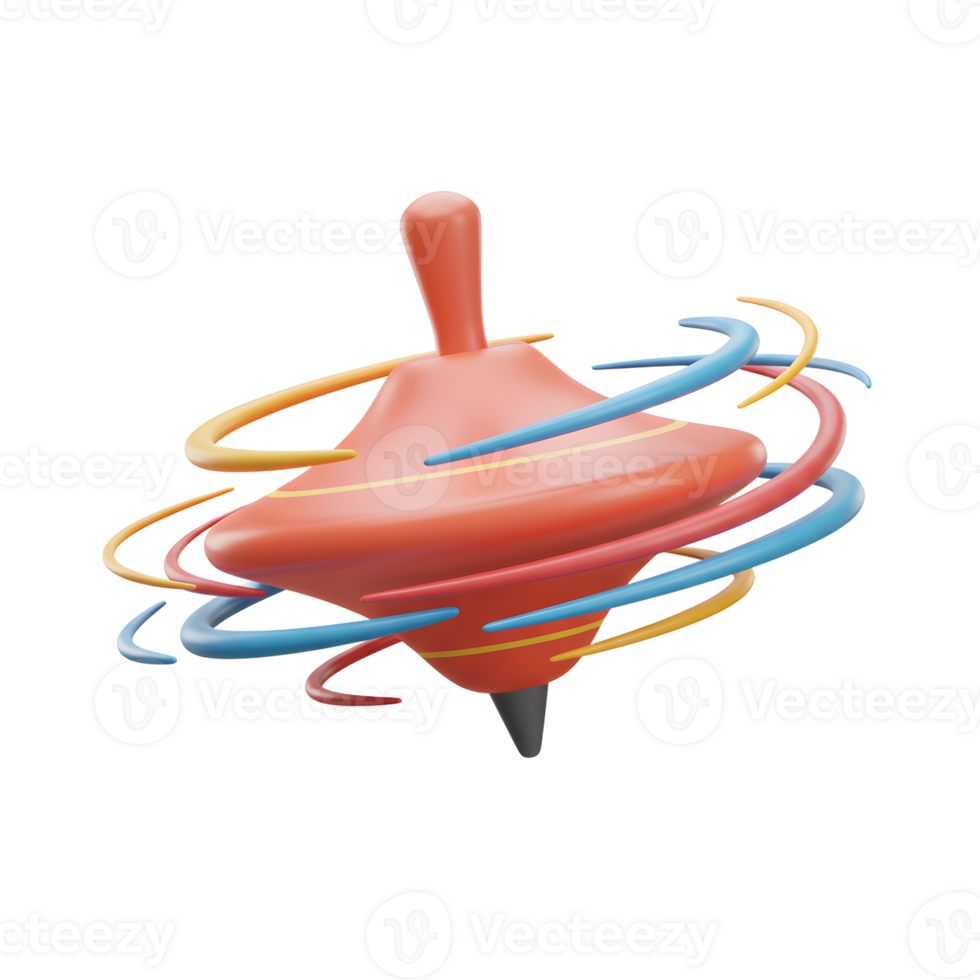 A vibrant red spinning top twirls, leaving colorful trails. Playful energy and dynamic motion captured in a cheerful 3D illustration. png