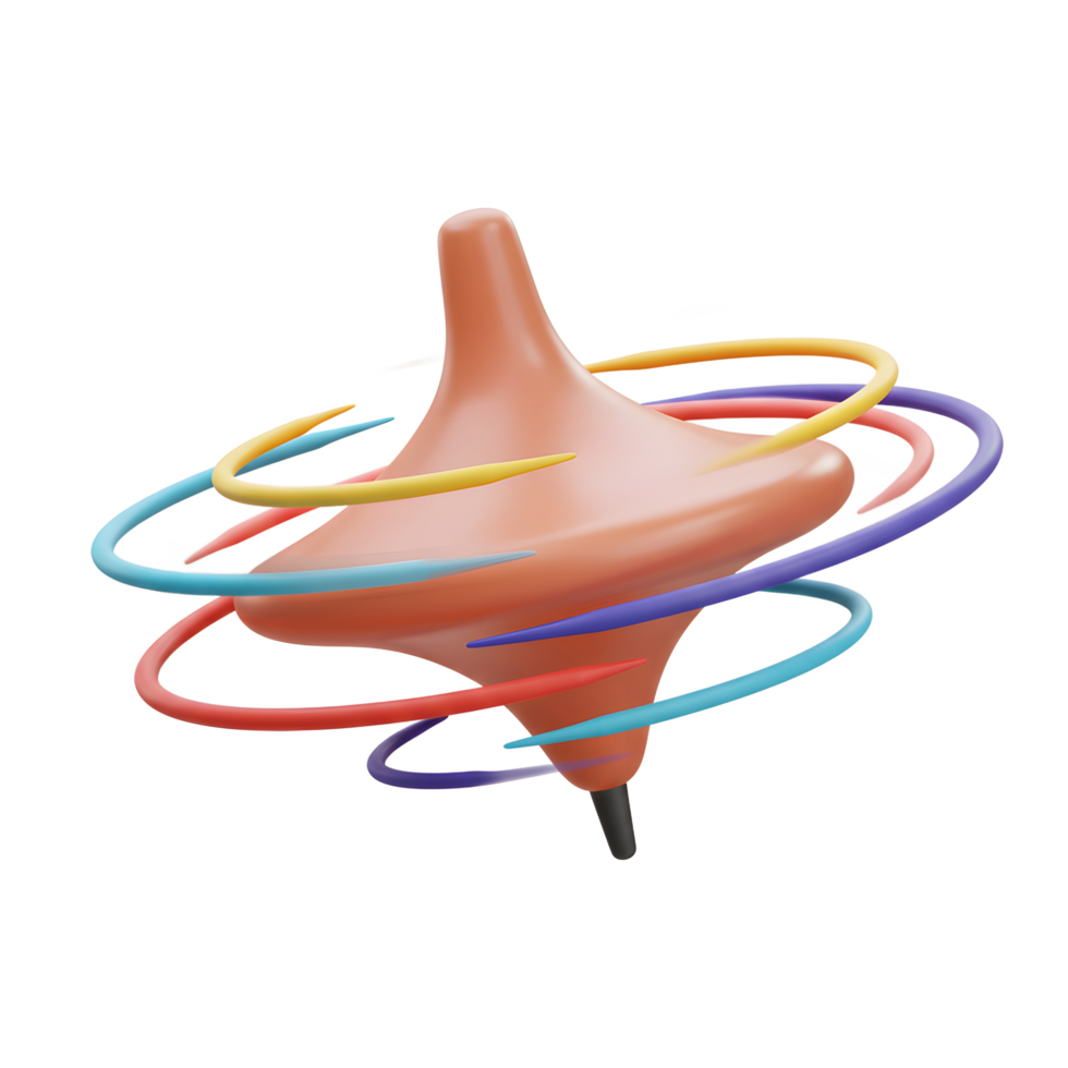 A playful salmon-colored spinning top twirls, leaving vibrant rainbow trails. Its smooth curves and bright colors create a joyful, energetic mood. png