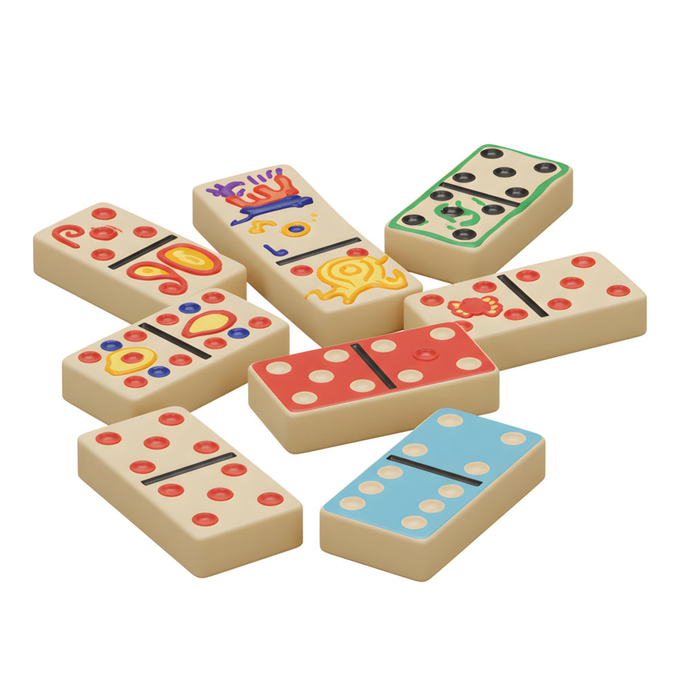 A cheerful pile of dominoes, each uniquely hand-painted with vibrant colors and playful designs, creates a lively and inviting scene. png