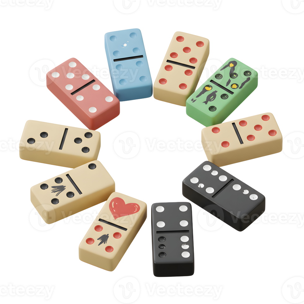 A cheerful collection of dominoes forms a vibrant circle, each tile showcasing unique designs and colors, creating a playful and lighthearted mood. png