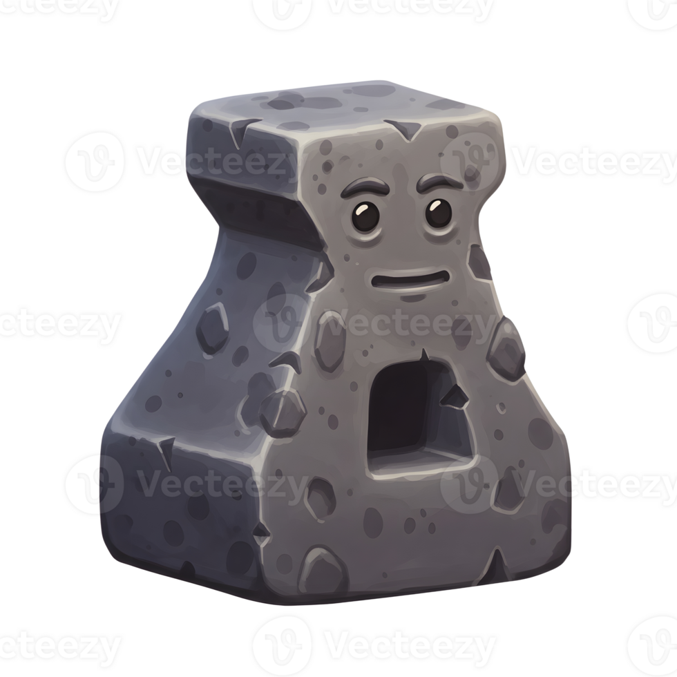 A charming cartoon anvil, crafted from stone, boasts a friendly face. Its textured surface and subtle expression create a whimsical, inviting mood. png