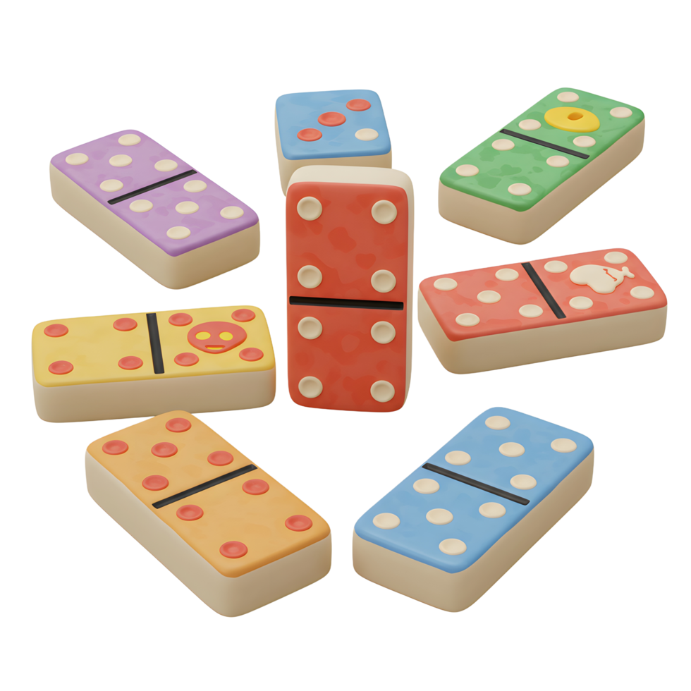 A cheerful scattering of colorful dominoes, each with unique spots and designs, creates a playful and vibrant scene. The 3D style adds a fun, textured feel. png