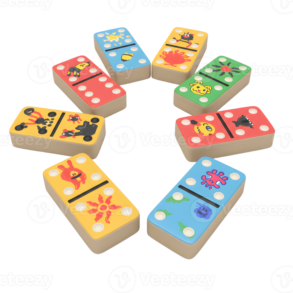 A circle of brightly colored dominoes, each tile adorned with fun, hand-drawn creatures, creates a cheerful and playful scene. The vibrant hues and unique designs evoke a sense of childlike wonder. png