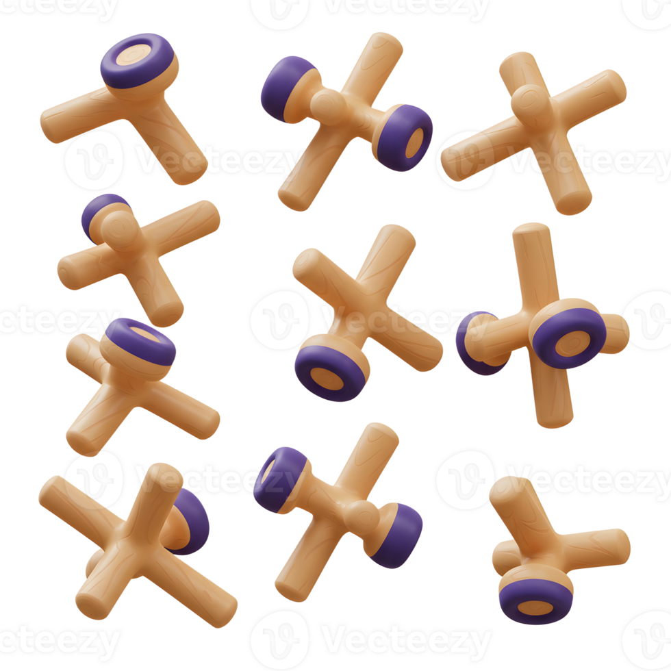 Charming wooden cross toys float playfully against a white backdrop. Their soft beige and deep purple hues create a cheerful and lighthearted mood. png