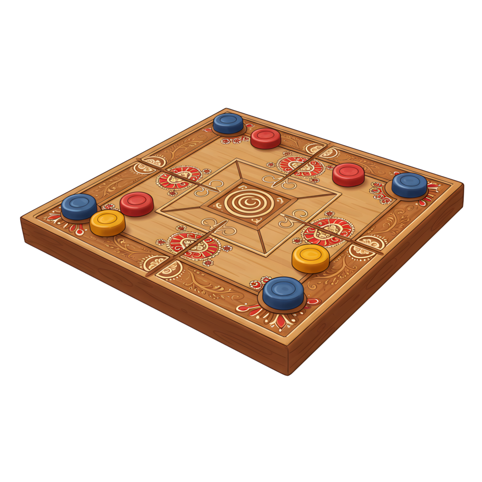 A charming, intricately decorated carrom board game awaits Colorful playing pieces sit ready on a rich wooden surface adorned with folk-inspired art. Playful and inviting png