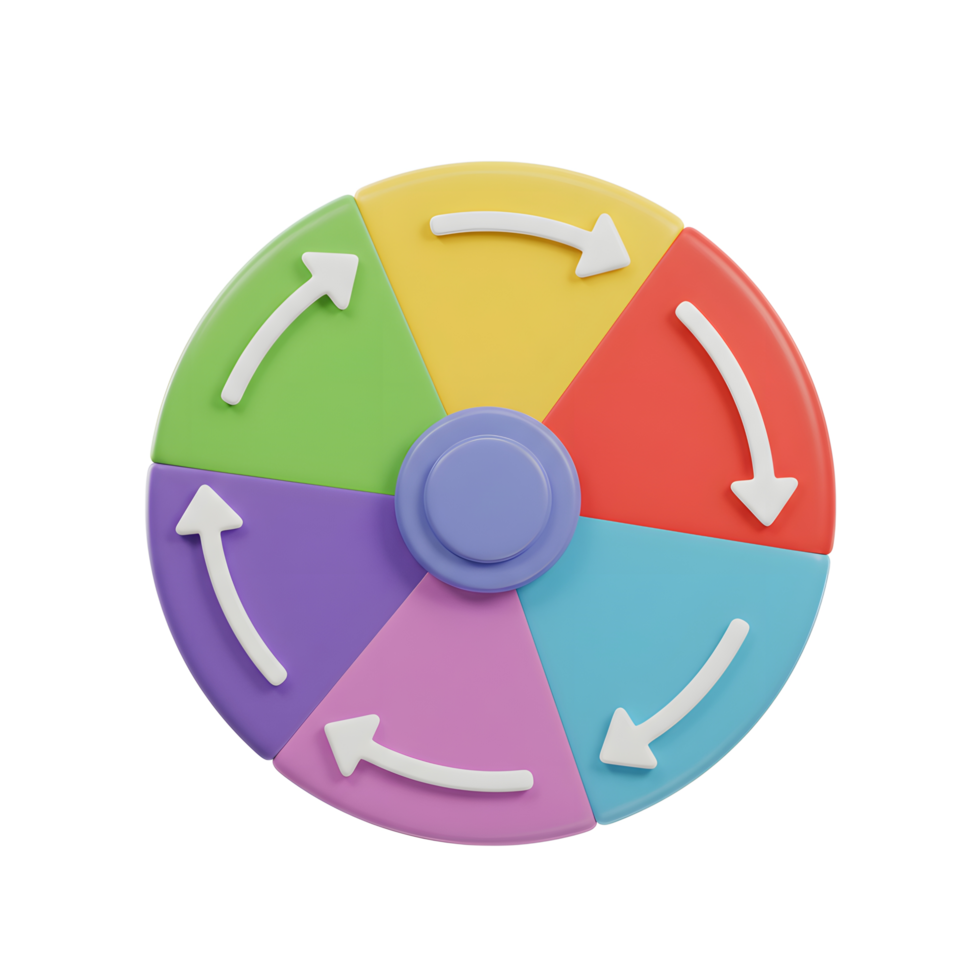 A vibrant, six-sectioned wheel spins playfully, each segment a cheerful pastel hue. Arrows indicate direction, creating a fun, dynamic feel. png