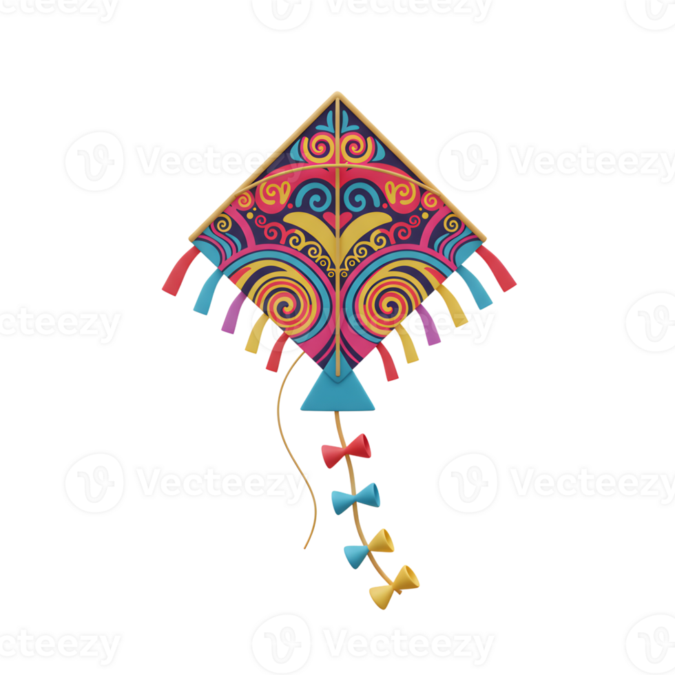 A cheerful, colorful kite with swirling patterns and bright ribbons dances against a white background. Its intricate design evokes a joyful, celebratory mood. png