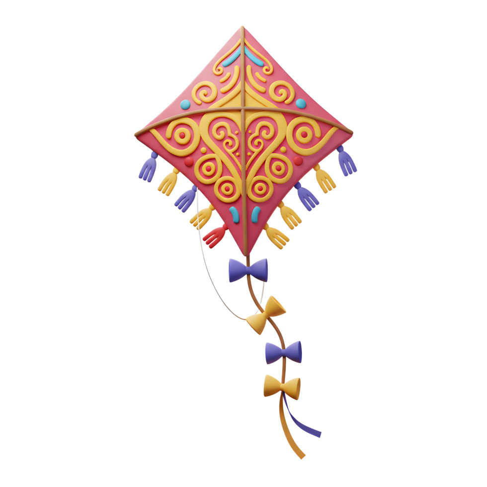 A cheerful pink kite, adorned with intricate golden patterns and colorful tassels, floats playfully. Its 3D design exudes a whimsical charm. png