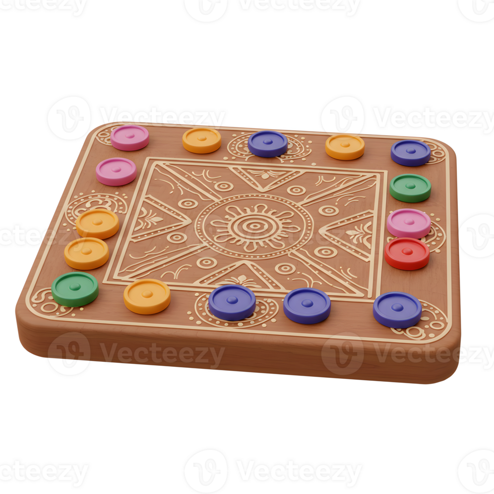 A charming wooden board game features vibrant colored discs arranged on an intricately carved surface. The warm wood and cheerful colors create a delightful and inviting atmosphere. png