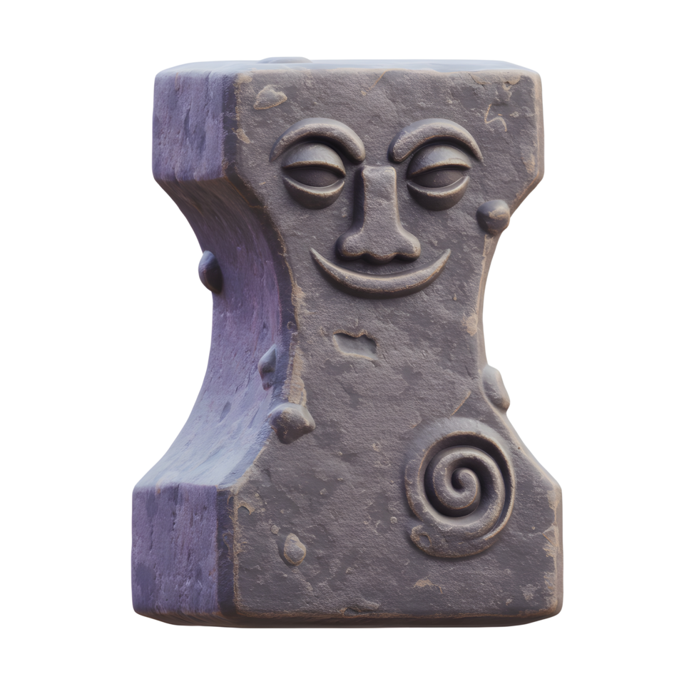 A whimsical stone anvil, weathered and worn, features a carved face with a serene smile. Intricate details and a spiral design add to its charm. Mystical and serene. png