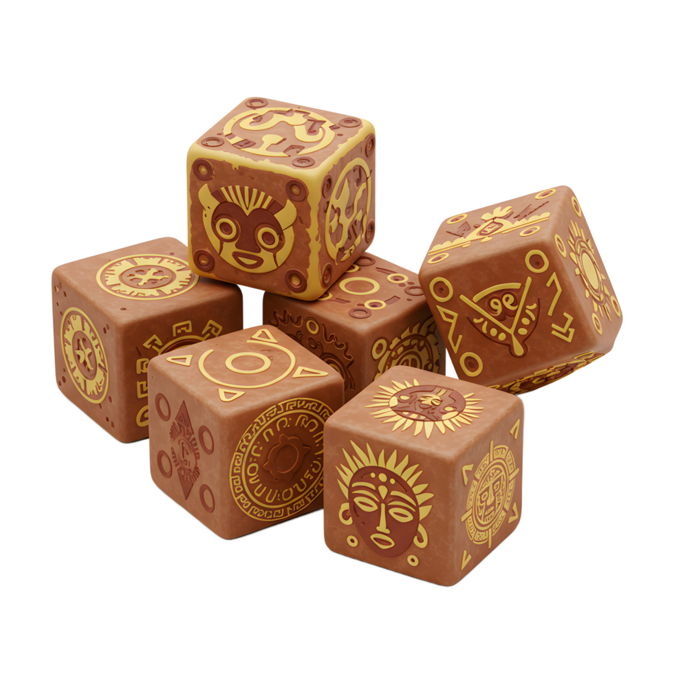Intriguing brown stone dice, intricately carved with ancient tribal symbols, masks, and sun motifs, rest on a white background, creating a mystical and adventurous feel. png