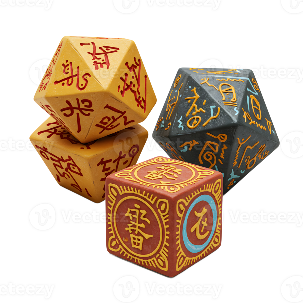 Mysterious, hand-carved dice rest on a white background. Earthy tones and ancient symbols create a mystical, intriguing scene. png