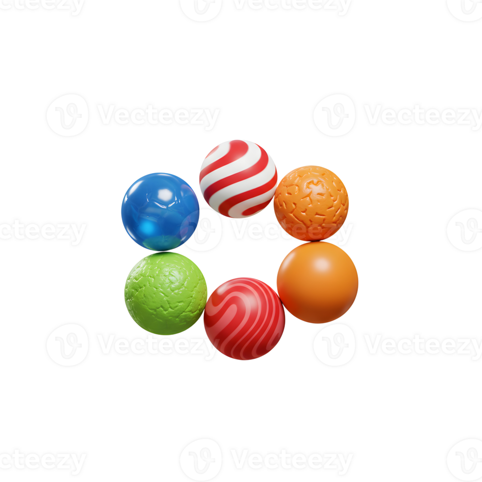 Six brightly colored balls, each with unique textures and patterns, form a playful circle against a stark white background. The cheerful scene evokes a sense of fun and energy. png