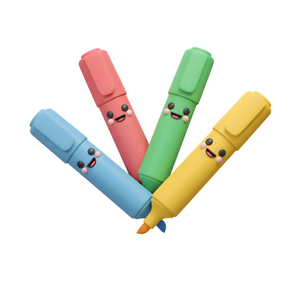 Four smiling, colorful markers burst forth, their cheerful faces and bright hues creating a playful and joyful scene. png