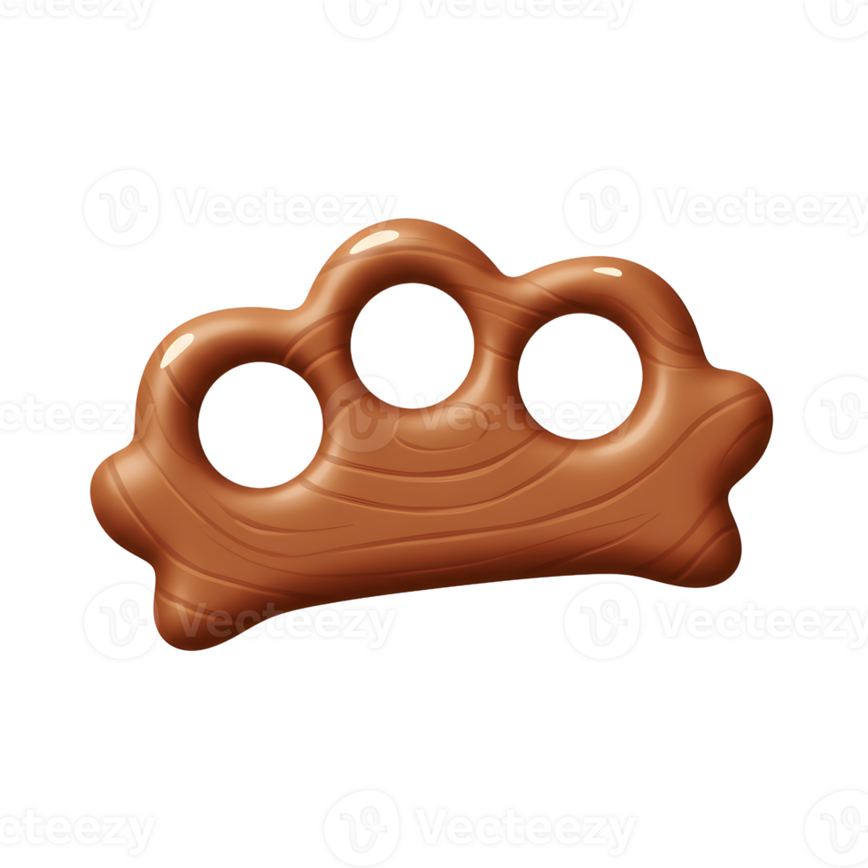 A whimsical, cartoonish wooden knuckle duster floats against a white backdrop. Its smooth, brown wood grain texture and playful design create a charming, almost childlike aesthetic. png