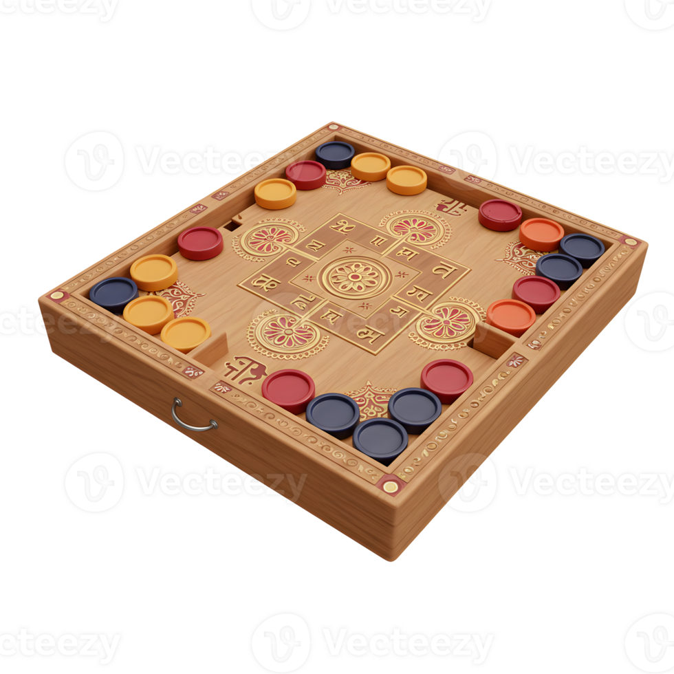 A captivating wooden Pachisi game board showcases intricate carvings and vibrant playing pieces. The rich colors and detailed design create a warm, inviting atmosphere. png