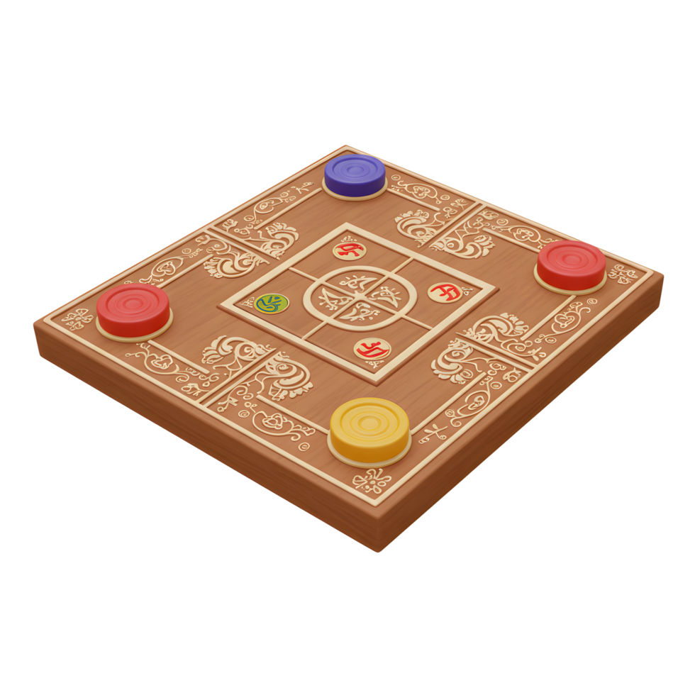 A captivating wooden game board, intricately carved with swirling patterns, showcases colorful discs in mid-play. The warm wood and vibrant colors create a lively, inviting atmosphere. png