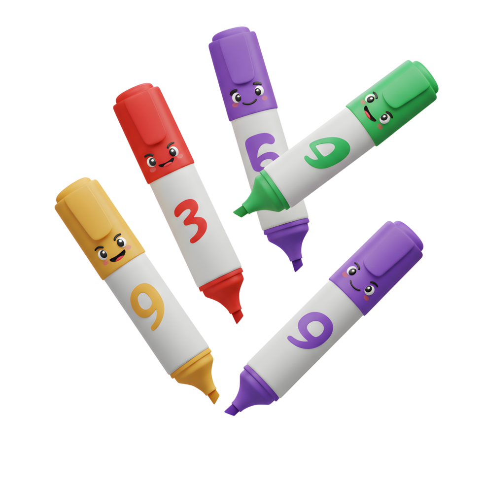 Five cheerful markers, each with a cute face and number, playfully float against a white background. A vibrant, fun, and slightly mischievous mood. png