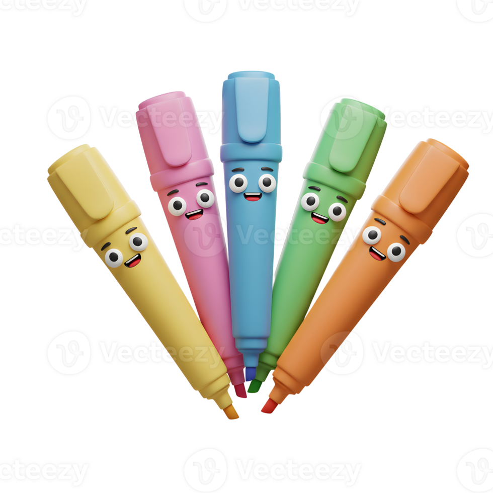 Five smiling colorful markers arranged in a playful fan shape. Bright, cheerful, and fun Perfect for kids png