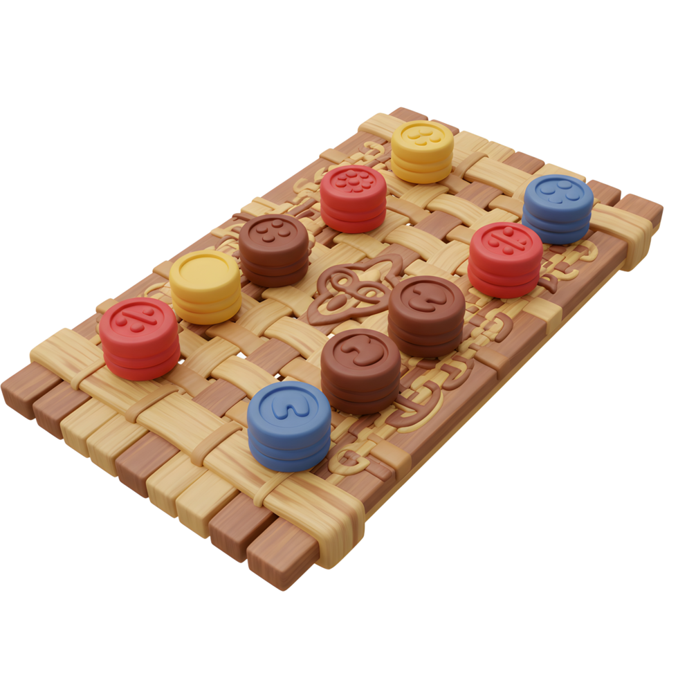 A charming 3D render showcases a woven wooden game board, featuring colorful stacks of disks. The warm tones and playful design create a cheerful and inviting atmosphere. png
