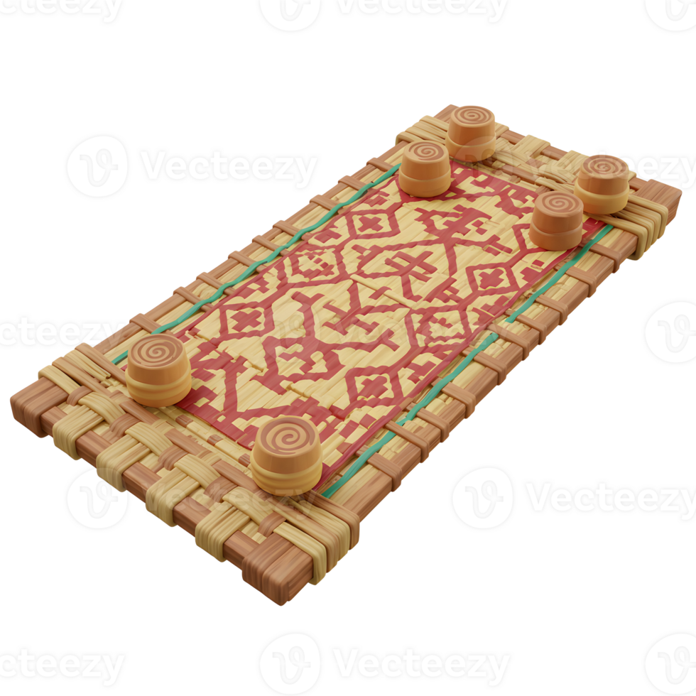 A charming woven tray displays a vibrant patterned rug, accented by small, round objects. The rustic textures and rich colors create a warm, inviting atmosphere. png