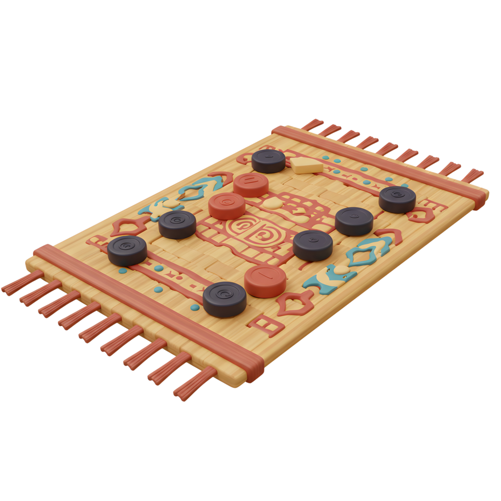 A stylized board game unfolds on a vibrant rug, featuring colorful pieces and intricate designs. The warm tones and playful aesthetic create a cheerful atmosphere. png