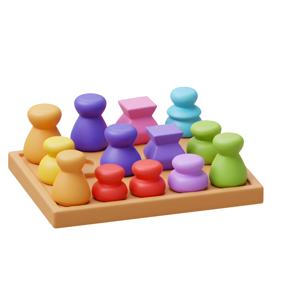 A playful array of pastel-colored 3D shapes rests on a light brown wooden board, creating a cheerful and engaging puzzle game. png