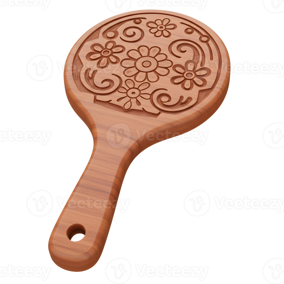 A charming wooden hand mirror showcases an intricately carved floral design. The warm wood and delicate flowers create a rustic yet elegant feel. png