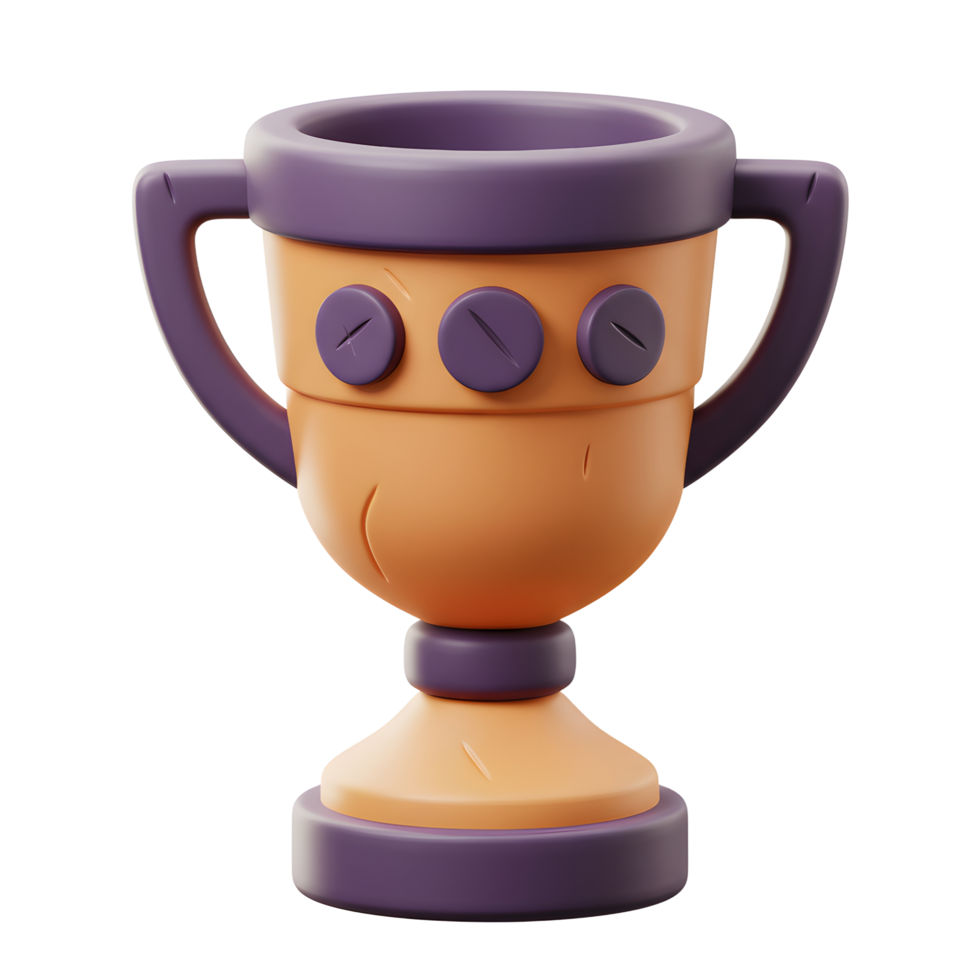 A whimsical cartoon trophy, boasting a warm orange body and cool purple accents. Rustic textures and simple design create a charming, playful feel. png