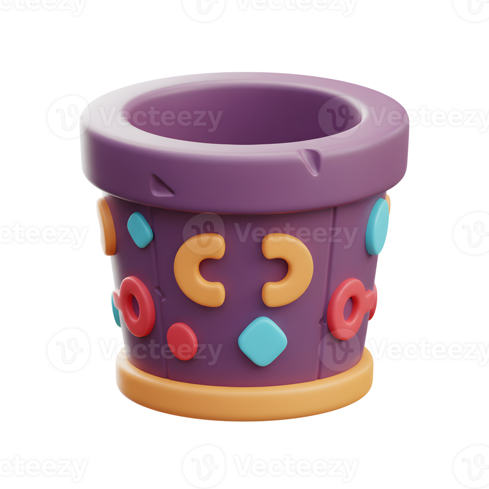 A charming purple pot, adorned with colorful shapes, sits ready for planting. Its playful design and cheerful colors create a lighthearted, fun vibe. png