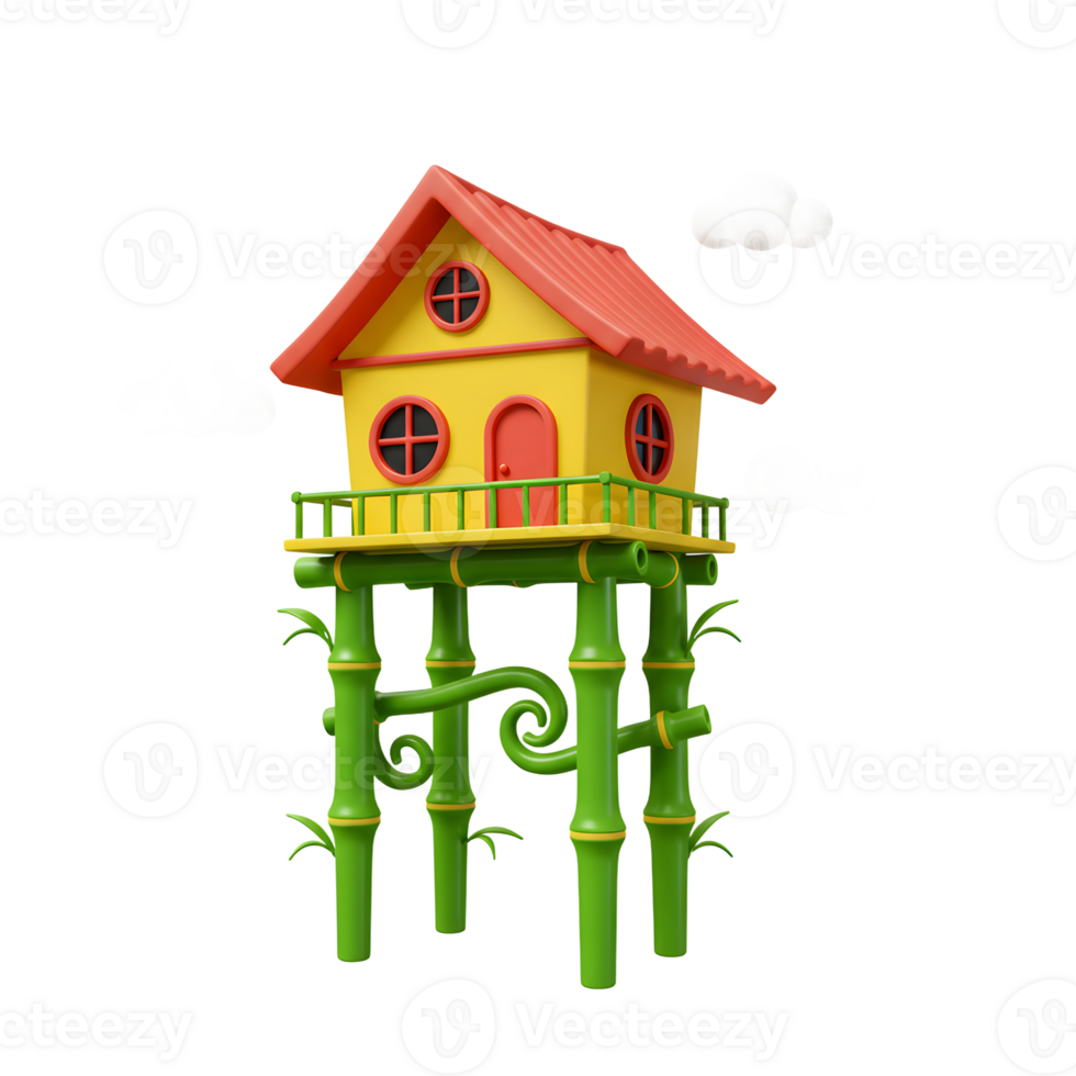 A cute yellow house perched high on vibrant green bamboo stilts floats amidst fluffy white clouds. Playful and charming, it evokes a dreamy, happy mood. png