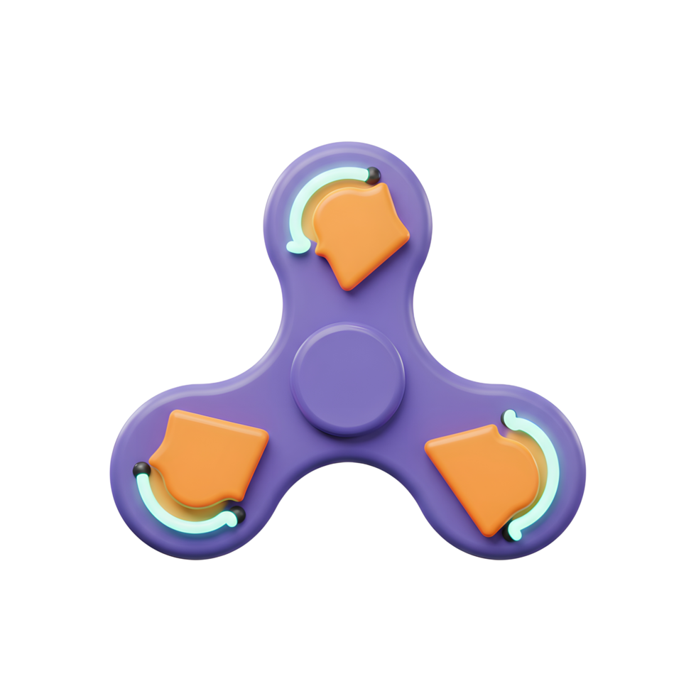 A vibrant purple fidget spinner with playful orange accents spins cheerfully, creating a fun and engaging visual. The 3D design is bright and cheerful. png