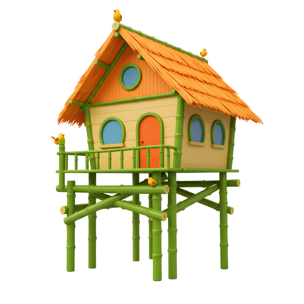 A delightful bamboo house on stilts, thatched roof, cheerful colors, and tiny birds perched atop a whimsical tropical scene. png