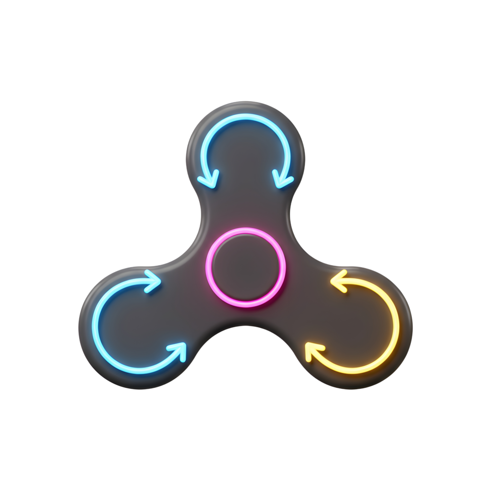 A captivating dark gray fidget spinner features vibrant neon arrows in blue, pink, and yellow, creating a cool and dynamic vibe. png