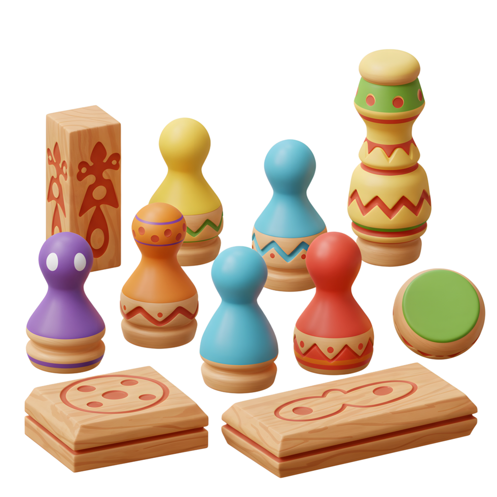 A delightful array of whimsical wooden stamps in vibrant colors and playful patterns creates a cheerful and inviting scene. Each stamp is uniquely decorated, adding to the overall playful mood. png