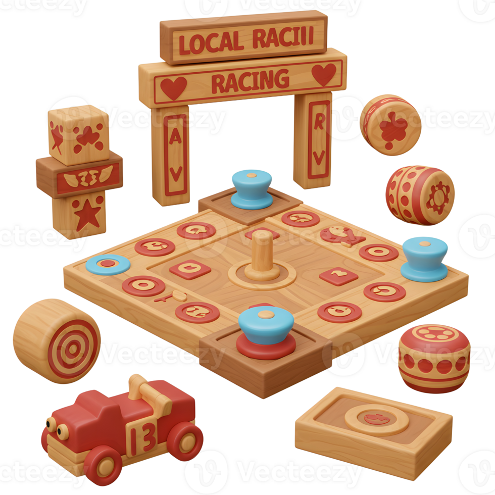 A delightful wooden car racing game, featuring a charming retro design. Includes a track, cars, and fun, colorful elements. Perfect for imaginative play png