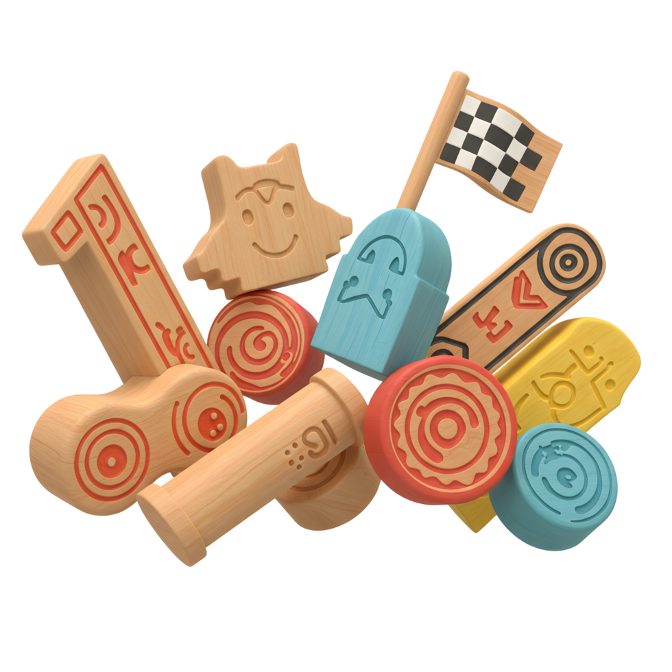 A joyful explosion of colorful wooden toys Charming shapes, playful designs, and a lighthearted feel make this a delightful image. png