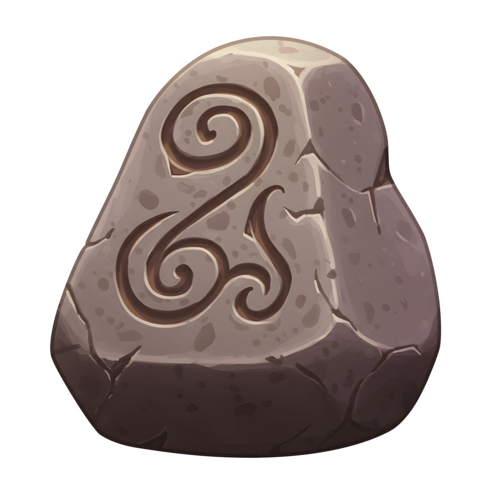 A weathered stone, etched with an intricate swirling rune, evokes a sense of mystery and ancient magic. Its rough texture and earthy tones create a captivating, mystical atmosphere. png