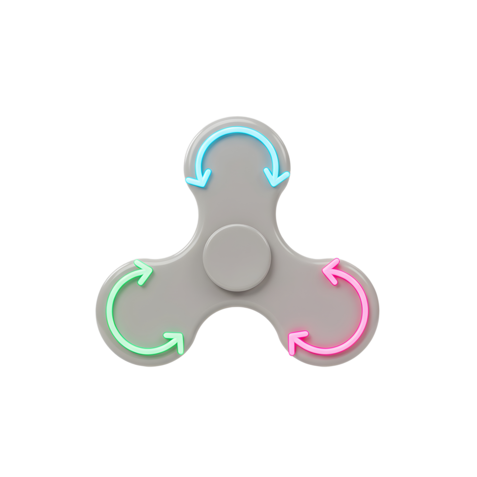 A sleek gray fidget spinner features vibrant neon arrows, creating a captivating minimalist design. Clean lines and bold colors make it visually striking. png
