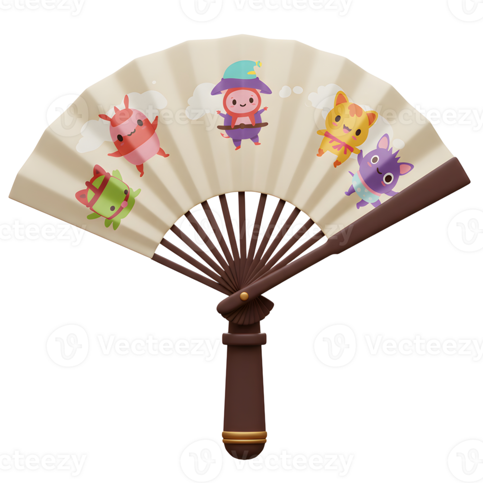 A delightful hand fan showcases adorable cartoon creatures in a whimsical, Asian-inspired style. Soft colors and playful characters create a cheerful and lighthearted mood. png