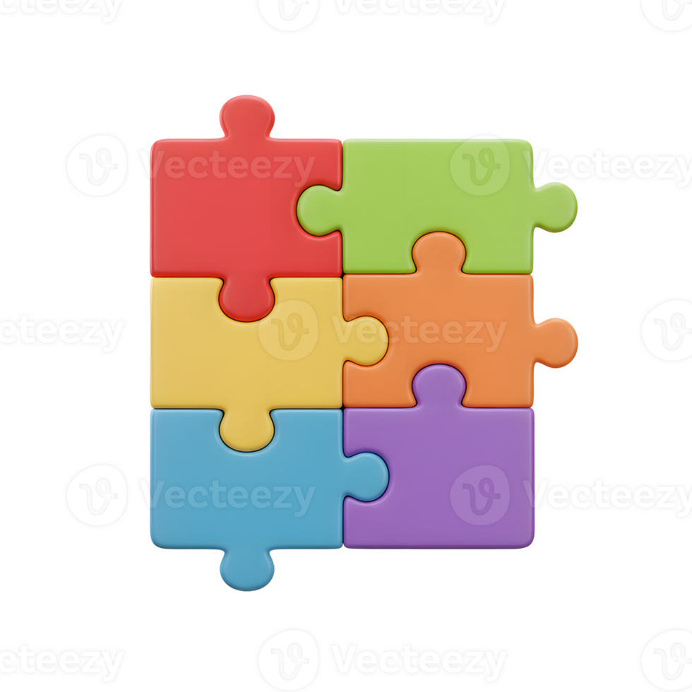 Six pastel-colored puzzle pieces interlock perfectly, creating a cheerful and complete image. A vibrant, playful composition. png