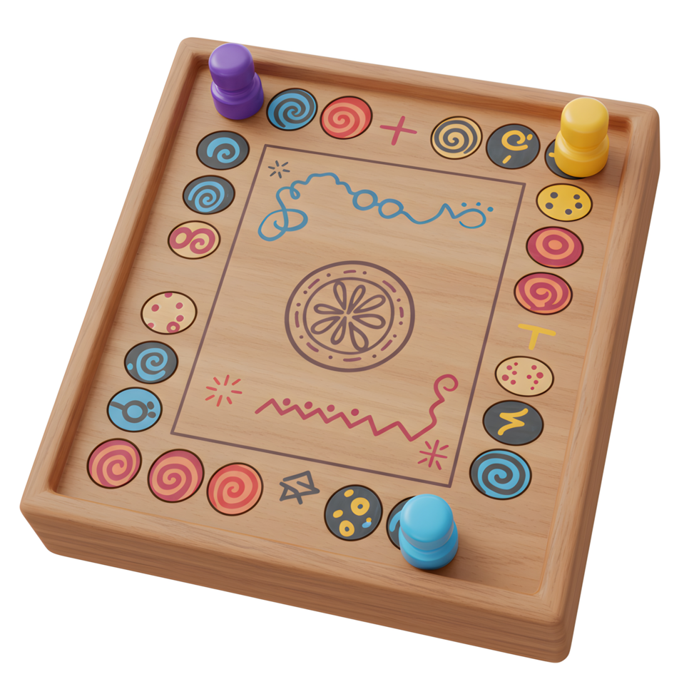 A charming wooden board game features colorful pegs and playful abstract patterns. The light wood and vibrant colors create a cheerful and inviting atmosphere. png
