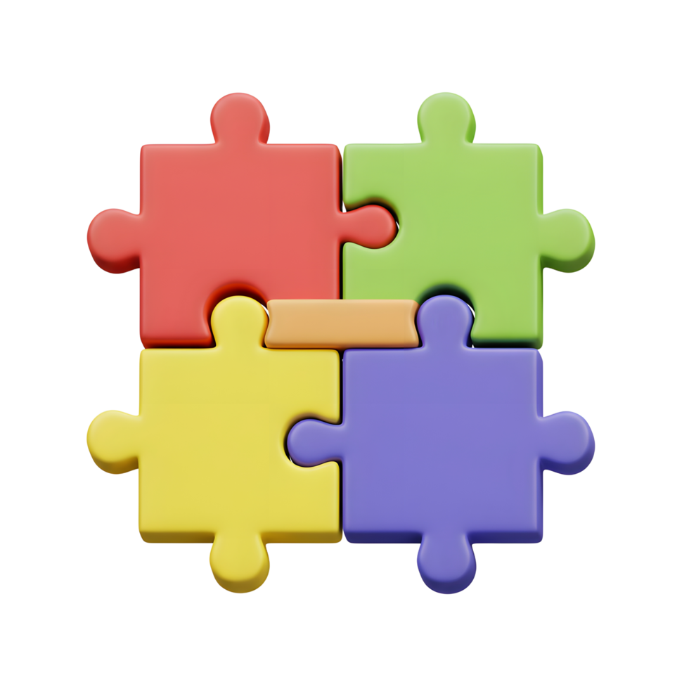 Four vibrant puzzle pieces, red, green, yellow, and purple, fit together perfectly, creating a cheerful and interconnected image. A small orange piece completes the design, adding a touch of warmth. png