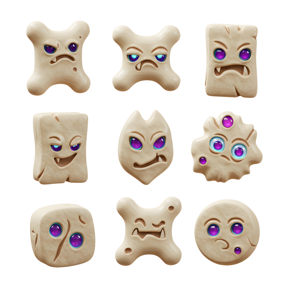 Nine charming stone monsters, each with unique expressions and glowing purple eyes, create a playful and slightly spooky mood. Perfect for games or digital art png