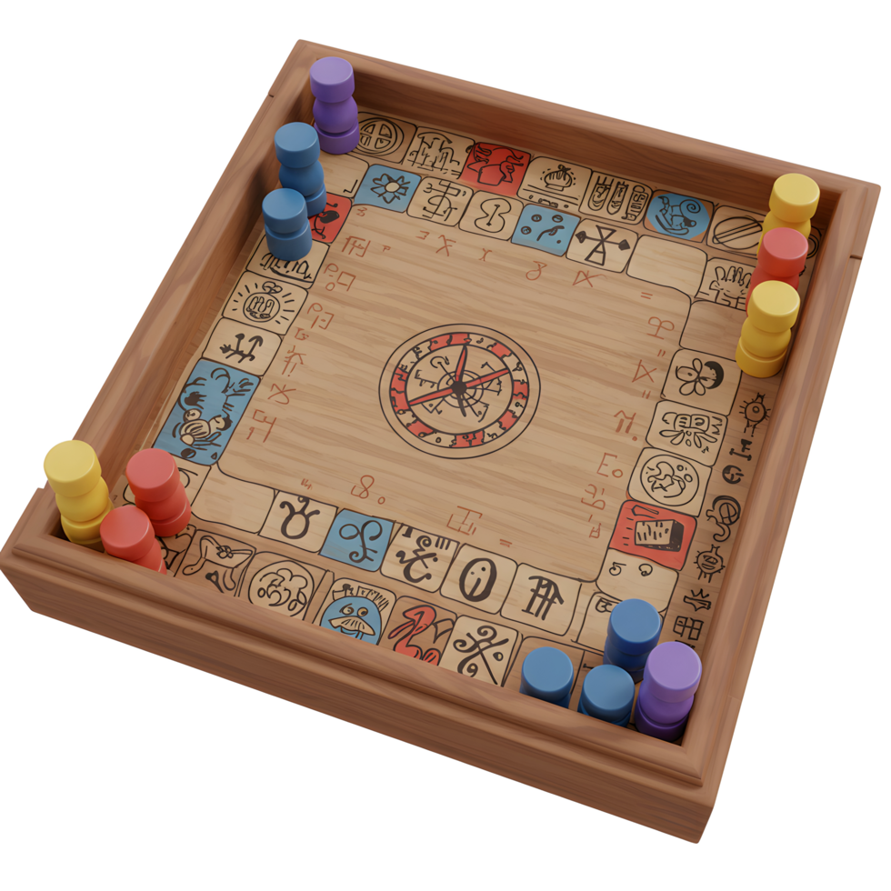 A captivating wooden board game featuring colorful tokens and mystical symbols. The game evokes a sense of adventure and playful intrigue. A unique and engaging design. png