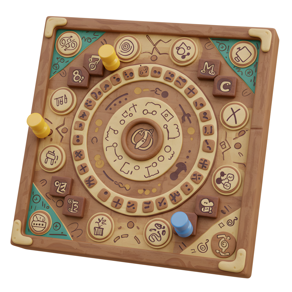 Playing Circular Wooden Board Game with Pieces and Symbol Design png